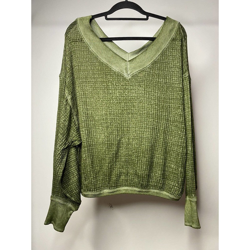 We the Free People Women's Small South Side Thermal V-Neck Green Long Sleeve Top